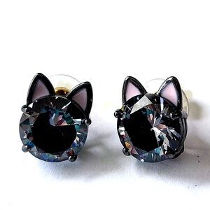 Black Cat Ear Stud Earrings / Kitty Cat Stud Rhinestone Sparkly Hand Painted